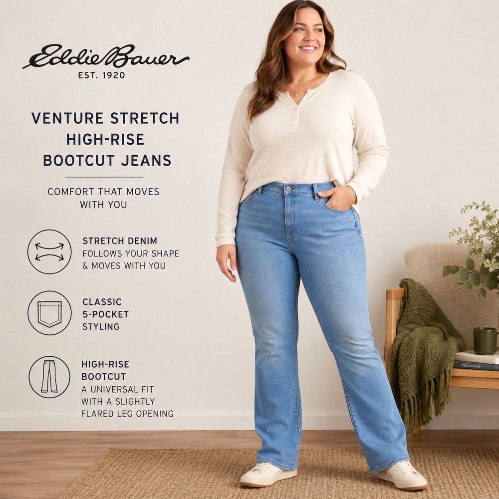 Eddie Bauer Venture Stretch Bootcut Jeans 18W High Rise NWT Curvy Light Denim